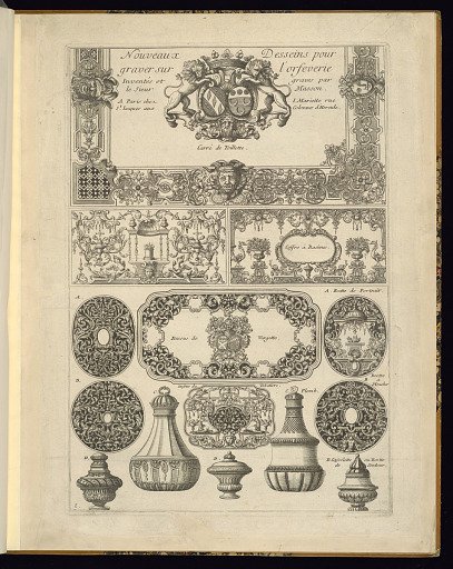 Title Page and Goldsmith’s Designs for Boxes and Bottles
