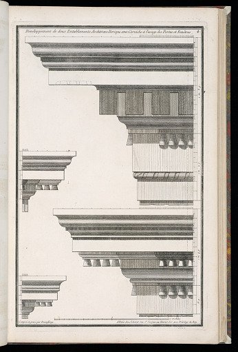 Developpement de deux Entablements Architrave Dorique avec Corniche à l'usage des Portes et Fenêtres