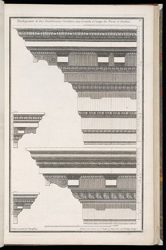 Developpement de deux Entablements Architrave Corinthien avec Corniche à l'usage des Portes et Fenêtres