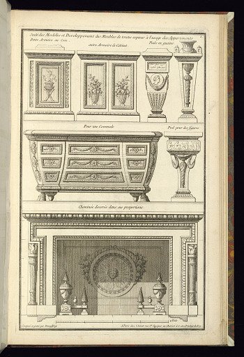 Designs of Armoires, a Commode, and a Fireplace
