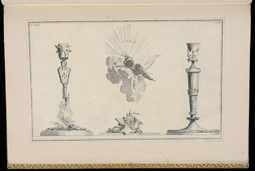 Designs for Candlesticks, Cartel Clock Case, and a Trophy