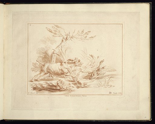 Hunting Scene with a Dog Chasing Ducks