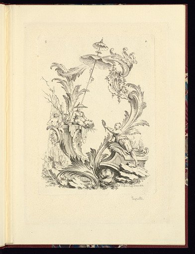Design for a Cartouche with Three Figures and a Parasol