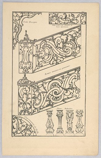 Designs for Decorative Ironwork, Plate 95 from Divers dessins de balcons a plusieurs usages (Variety of Balcony Designs)