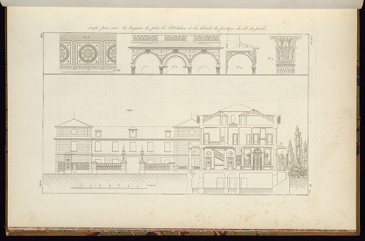 Coupe prise sur la longueur du plan de l’Abitation et des détails du portique du côté du Jardin