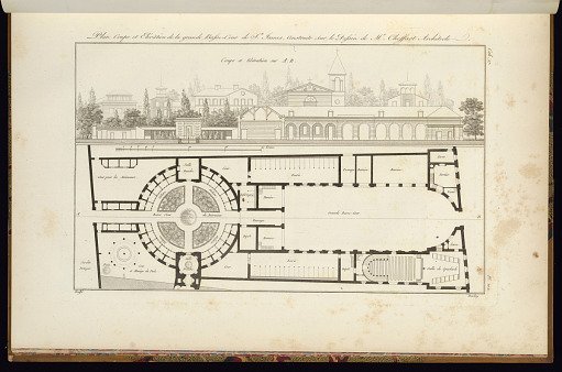 Plan Coupe et Elévation de la grande Basse-Cour de Ste. James, construite sur le Dessin de Mr. Choffart Architect