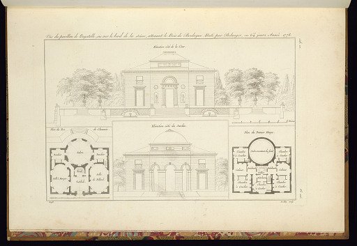 Vüe du pavillon de Bagatelle, sis sur le bord de la seine, attenant le Bois de Boulogne Bati par Belanger, en 54 jours. Année 1778