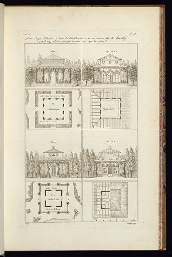 Plans Coupes Elévations et detail des deux Chaumières au cidevant jardin de Chantilly/ par le Roy, Architect