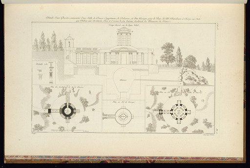 Détails d’une Glaciere, surmontée d’une Salle de Danse Egyptienne, de Volieres, et d’un kiosque pour le Parc de Mr Davelouis à Soisy sous Etiole par Dubois ainé Architecte, Eleve et 1er neveu du Feu Antoine Architecte des Monnoies de France