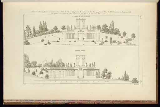 Détails d’une Glaciere, surmontée d’une Salle de Danse Egyptienne, de Volieres, et d’un kiosque pour le Parc de Mr Davelouis à Soisy sous Etiole par Dubois ainé Architecte, Eleve et 1er neveu du Feu Antoine Architecte des Monnoies de France