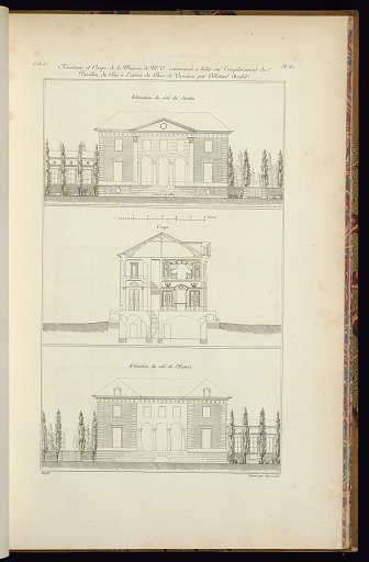 Elévation et Coupe de la Maison de Mr. V…commencée à bâtir sur l’emplacement du Pavillon du Roi à l’entrée du Bois de Verrières Par Villetard Archite