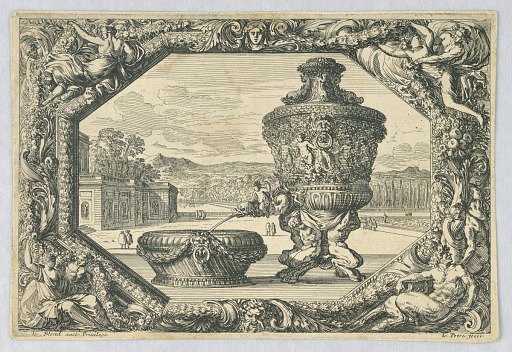 An Urn and Bowl in Eschutcheon, from "Fontaines, Cuvettes et Cartouches"