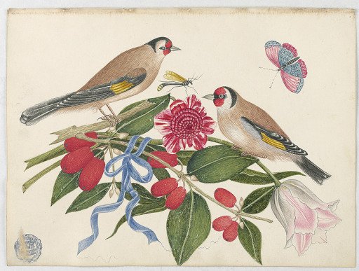 Pair of Brown Birds with Blossoms, Berries, and a Butterfly