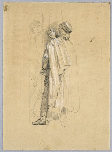 Man wearing a cape, depicted from behind