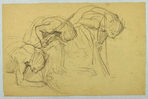 Three Men, One Kneeling and Two Bowing