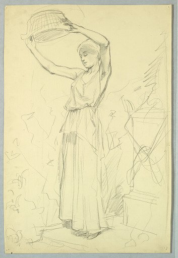 Drawing of a Woman Holding a Basket Over Her Head