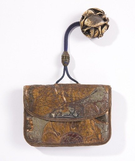 Purse (kin-chaku) with Pendant (netsuke) and Cord Fastener