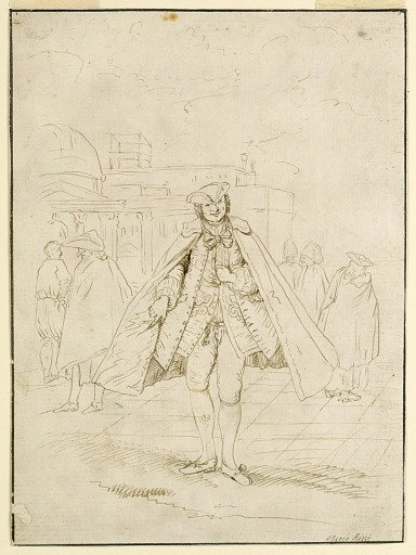 Six Men Standing or Walking in a Public Square of a Town