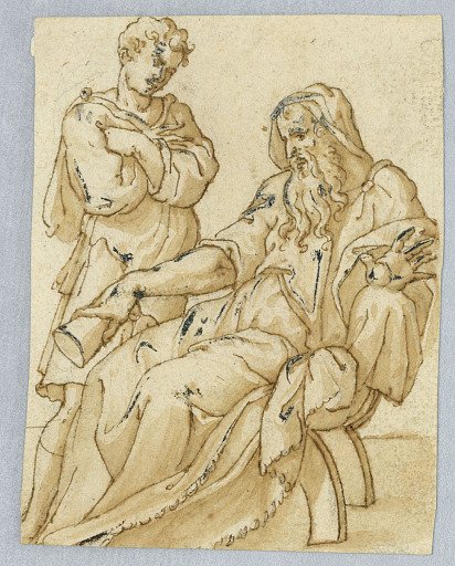 Seated Older Figure with Standing Younger Figure