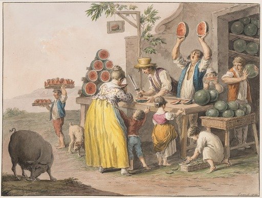 Water color; A Neapolitan watermelon shop