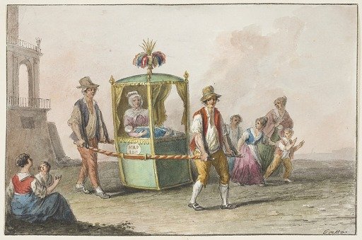Water color; A midwife with a baby on the way to church for christening