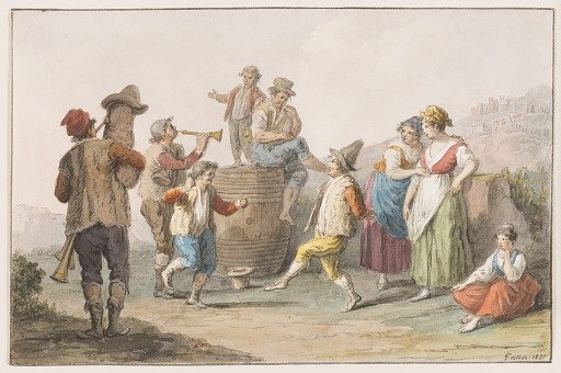 Water color; Two peasants dancing to the music of bagpipe and horn