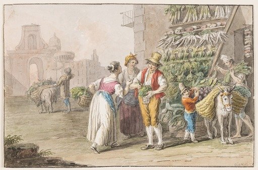 Water color; A vegetable stall