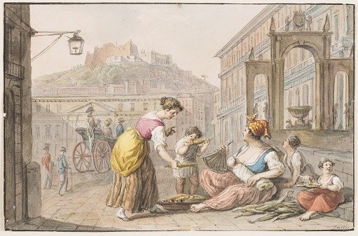 Water color; A woman selling roasted corn