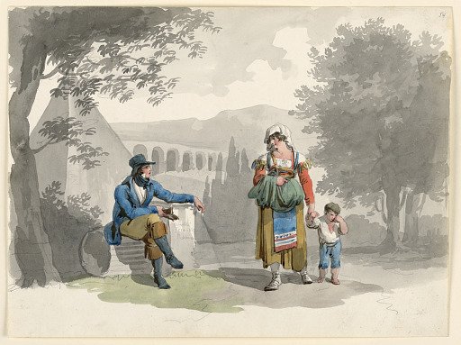 A Woman Holding a Boy with Her Hand Passing a Gentleman Seated Among Ruins in the Campagna
