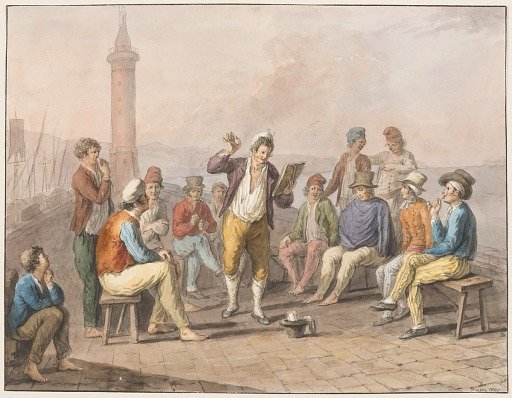 Water color; Rinaldo Rinaldini is reciting upon the jetty