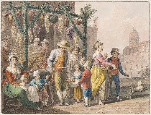 Water color; A fruit stall in Naples at Christmas