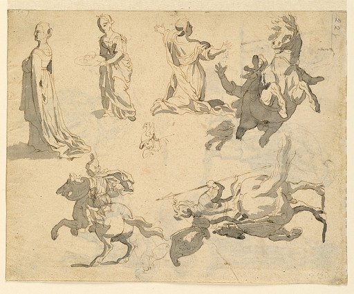 Studies of Women, Kneeling Figure, and Figures on Horseback