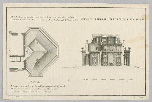 Plan of Half of the Roof Seen from Ground Level to Mansarde Roof; Section of Building's Width