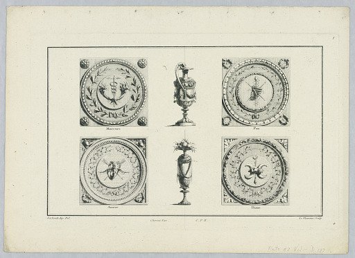 Vessels and Roundels with Attributes of Mercury, Pan, Love, and Diana