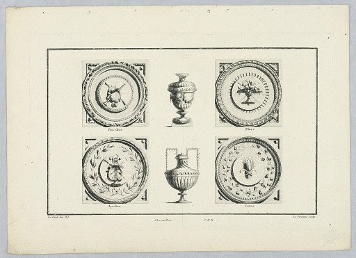 Vessels and Roundels with Attributes of Bacchus, Flora, Apollo, and Ceres