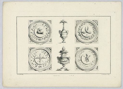 Vessels and Roundels with Attributes of Tragedy, Juno, Jupiter, and Hymen