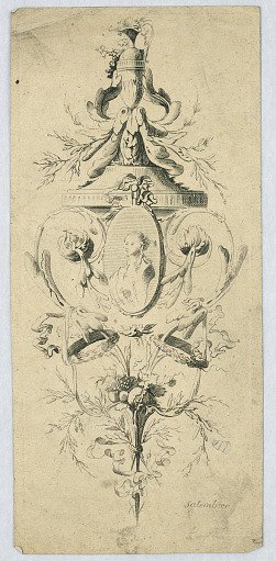 Trophy with Leaves, Scrollwork, Laurel Crowns, and a Portrait Medallion