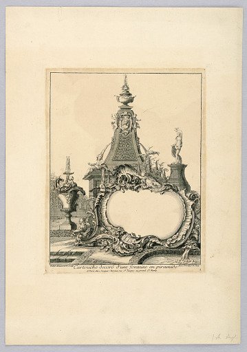 Decorated Cartouche with a Fountain and Pyramid
