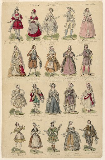 Design for a Print with Twenty Theatrical Costumes Worn in Paris Performances