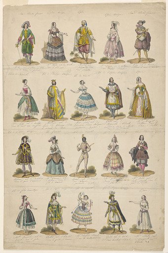 Design for a Print with Twenty Theatrical Costumes Worn in Paris Performances