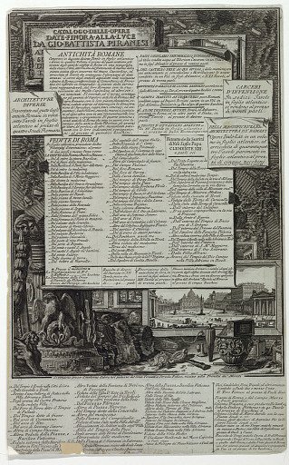 The Catologue of the artist's work (Table of Contents of the Vedute di Roma)