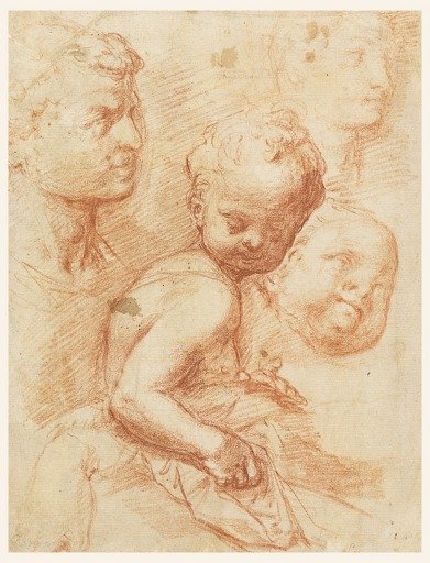 Study of man, woman and child heads, sitting child