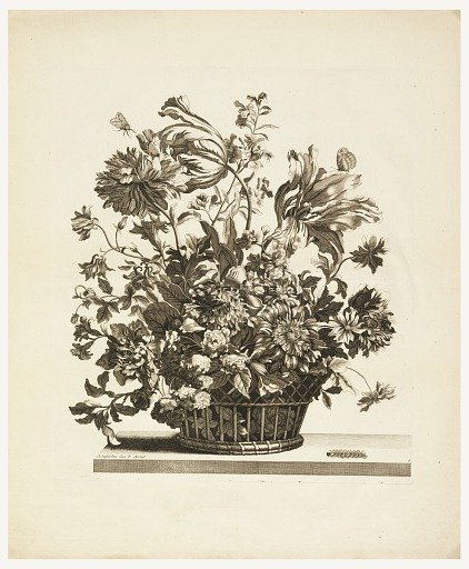 Basket with Flowers on a Table, Plate 8 from the series Livres de plusieurs paniers de fleurs [Flowers in a Basket]