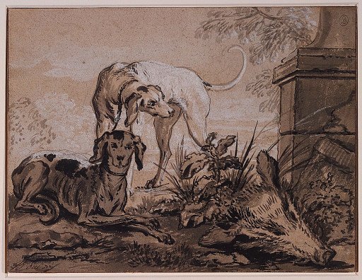 After the Hunt: Two Hounds beside a Boar's Head