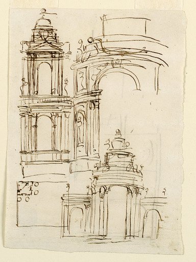 Two stories of a steeple; doorway for a villa