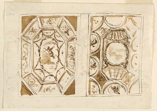 Designs for Ceiling Decorations, with Plan of Spectators' Room of a Theater