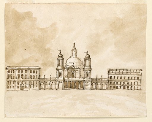 Elevation of a Church Flanked by Two Houses