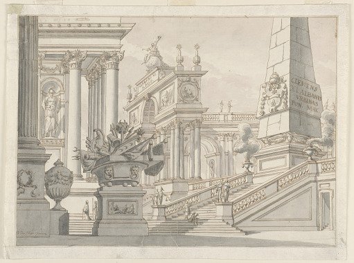 Stage Design: Stairway Leading to an Obelisk, a Triumphal Arch, and an Arcade