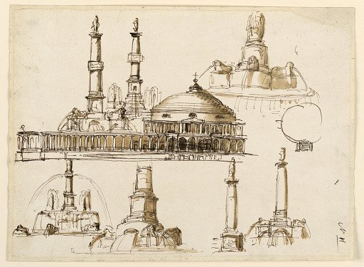 Fountain; elevation of a church