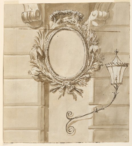 Oval frame for the facade of a house, with lantern beneath
